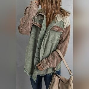 MEUFAM CORDUROY HOODED COLORBLOCK RAW HEM SHACKET